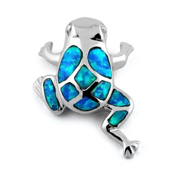 Sterling Silver Frog Blue Lab Opal Necklace Pendant New - Picture 2 of 6